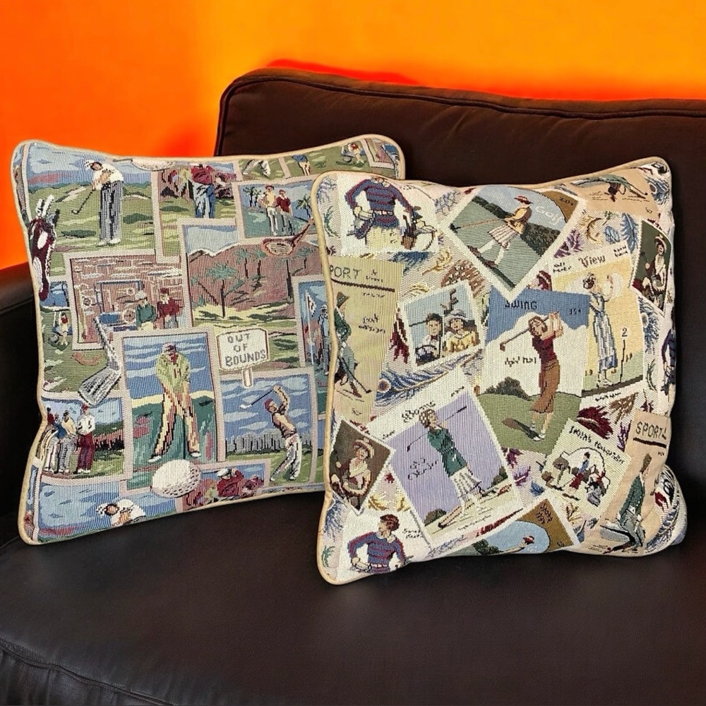 v i n t a g e :: 2 Large Tapestry Woven Golf Throw Pillows Needlepoint